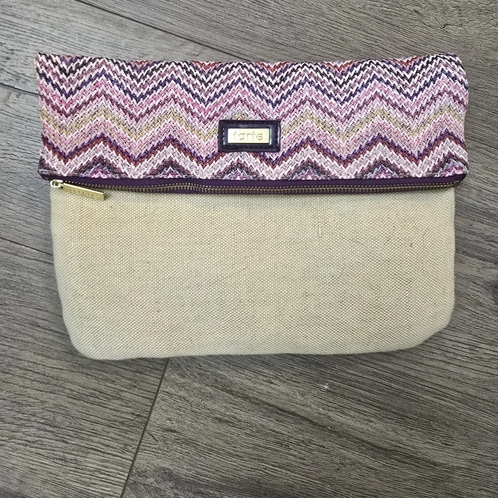 Tarte Pink Purple Woven Chevron Canvas Zipper Travel Makeup Assessory Bag